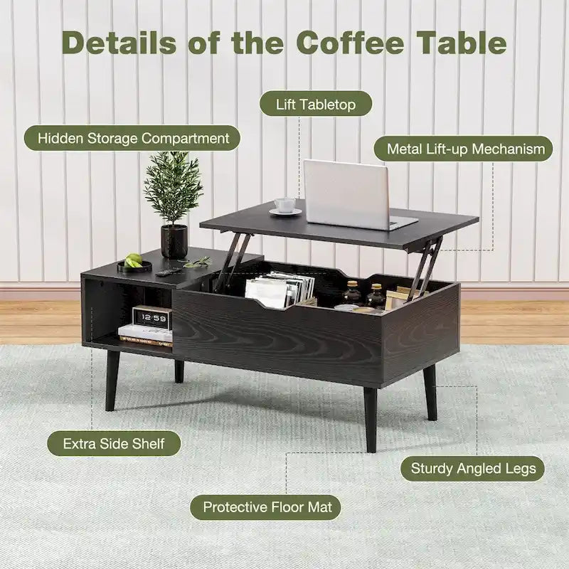 Table basse relevable avec compartiment de rangement dissimulé et étagère ouverte
