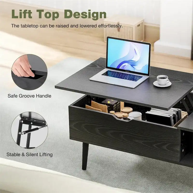 Table basse relevable avec compartiment de rangement dissimulé et étagère ouverte