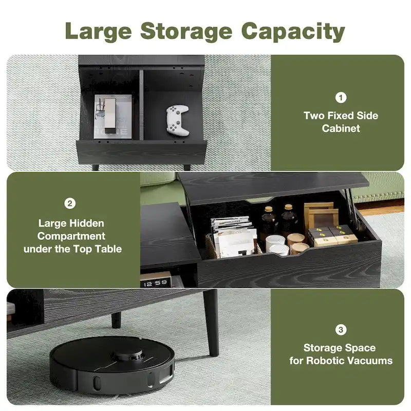 Table basse relevable avec compartiment de rangement dissimulé et étagère ouverte