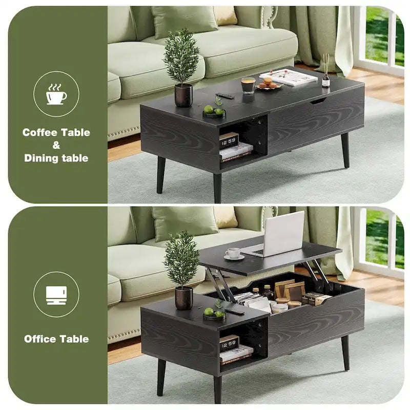Table basse relevable avec compartiment de rangement dissimulé et étagère ouverte