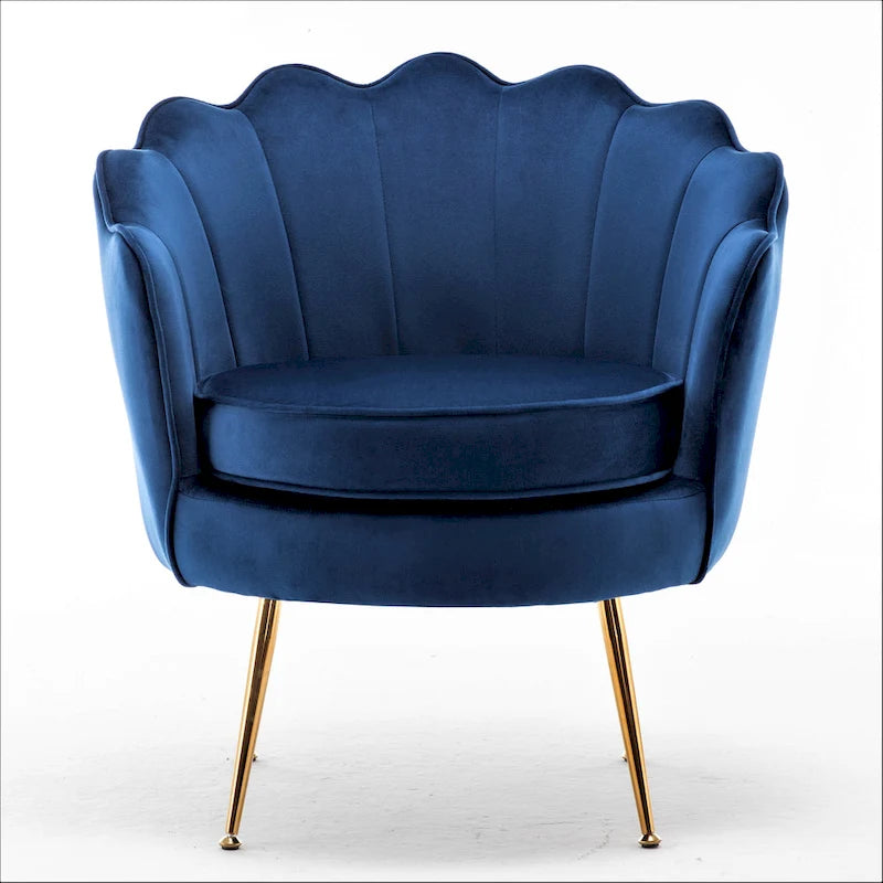 Fauteuil d'appoint en velours avec dossier coquille et pieds en métal doré
