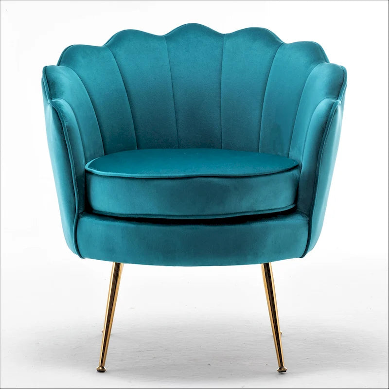 Fauteuil d'appoint en velours avec dossier coquille et pieds en métal doré