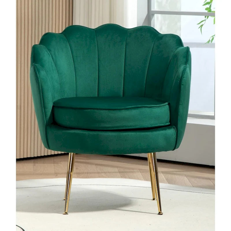 Fauteuil d'appoint en velours avec dossier coquille et pieds en métal doré
