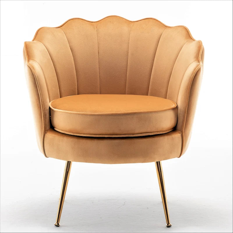 Fauteuil d'appoint en velours avec dossier coquille et pieds en métal doré