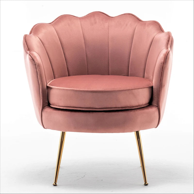 Fauteuil d'appoint en velours avec dossier coquille et pieds en métal doré