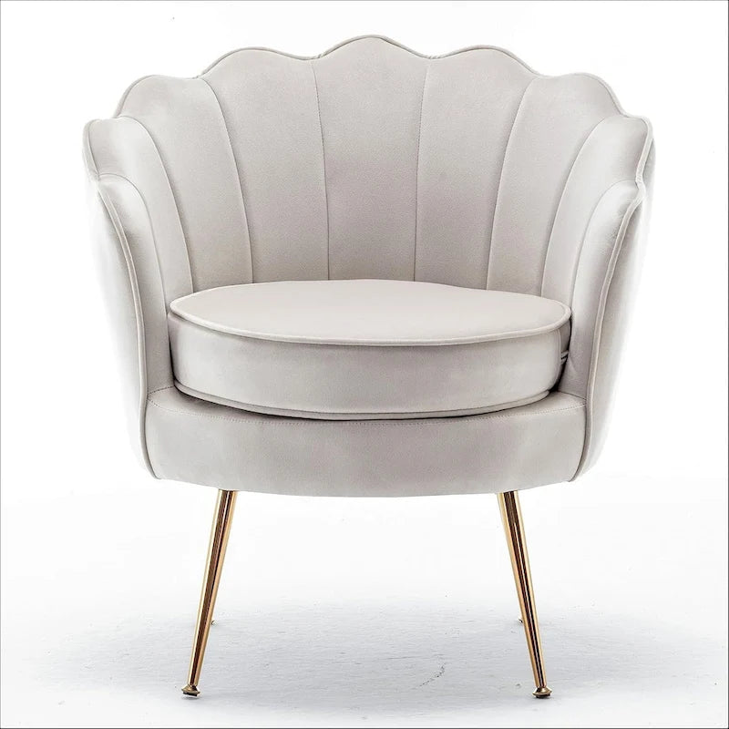 Fauteuil d'appoint en velours avec dossier coquille et pieds en métal doré