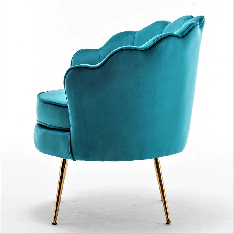 Fauteuil d'appoint en velours avec dossier coquille et pieds en métal doré