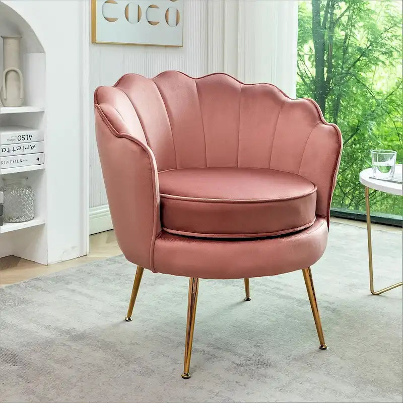 Fauteuil d'appoint en velours avec dossier coquille et pieds en métal doré