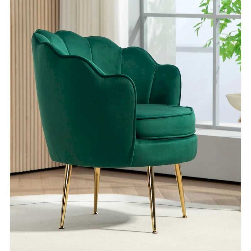 Fauteuil d'appoint en velours avec dossier coquille et pieds en métal doré