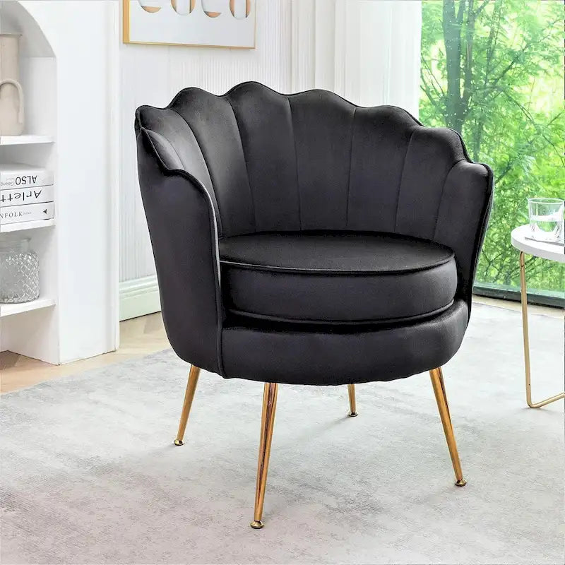Fauteuil d'appoint en velours avec dossier coquille et pieds en métal doré
