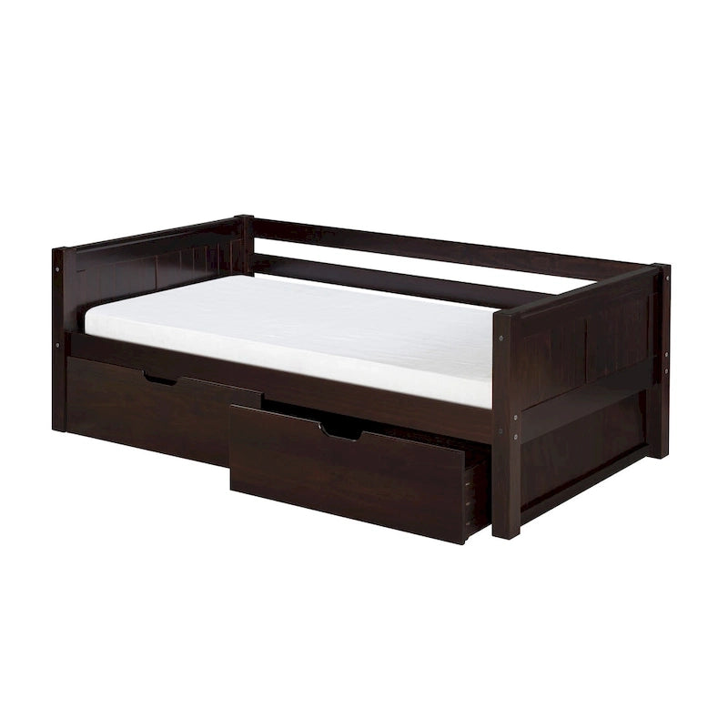 Lit de repos une place avec tête de lit à panneaux et tiroirs de rangement blanc