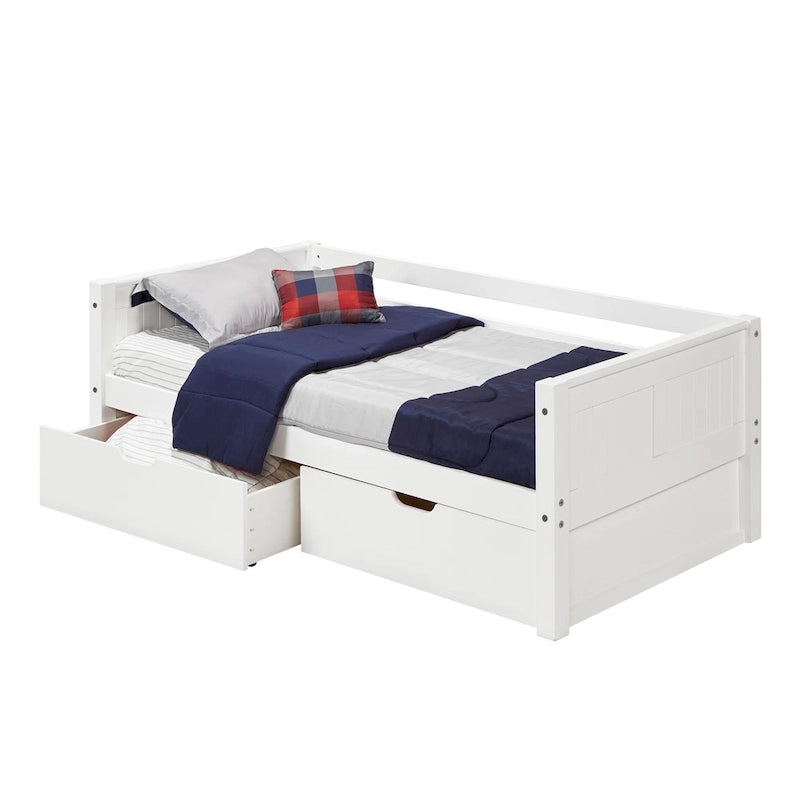 Lit de repos une place avec tête de lit à panneaux et tiroirs de rangement blanc
