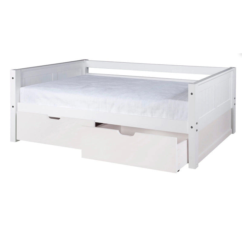 Lit de repos une place avec tête de lit à panneaux et tiroirs de rangement blanc