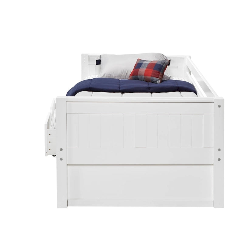 Lit de repos une place avec tête de lit à panneaux et tiroirs de rangement blanc