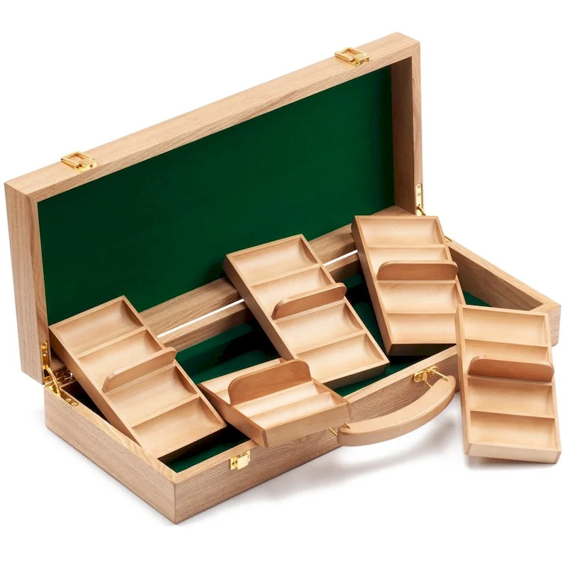 Mallette de 500 jetons de poker en bois massif avec intérieur en velours vert et loquets dorés