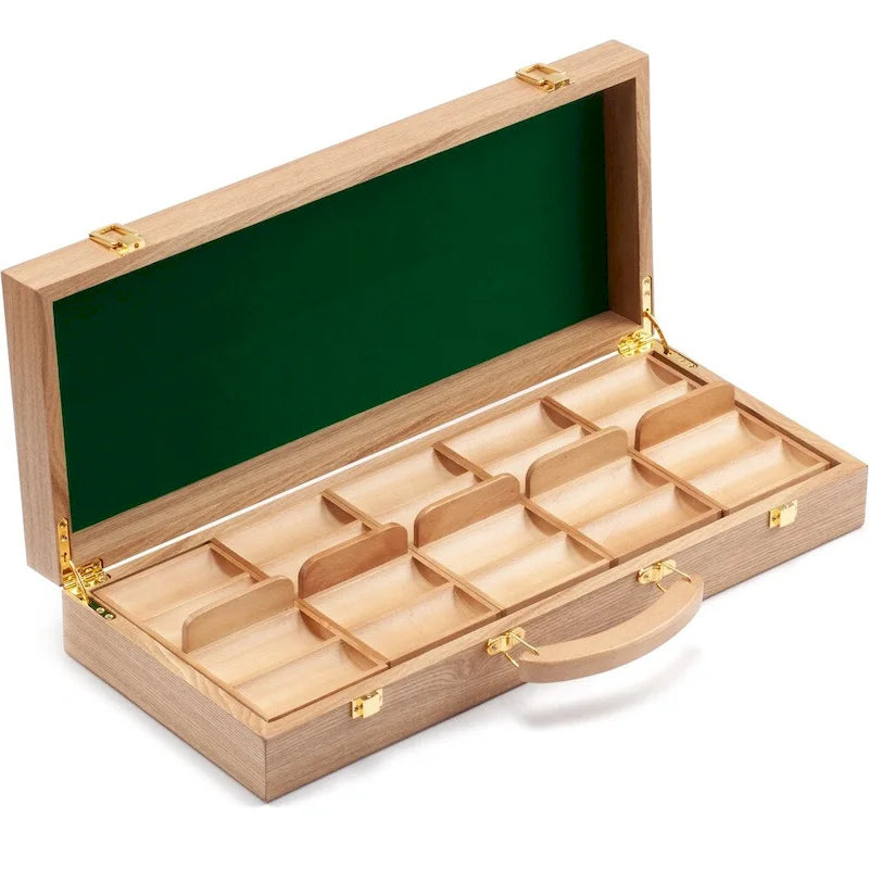 Mallette de 500 jetons de poker en bois massif avec intérieur en velours vert et loquets dorés
