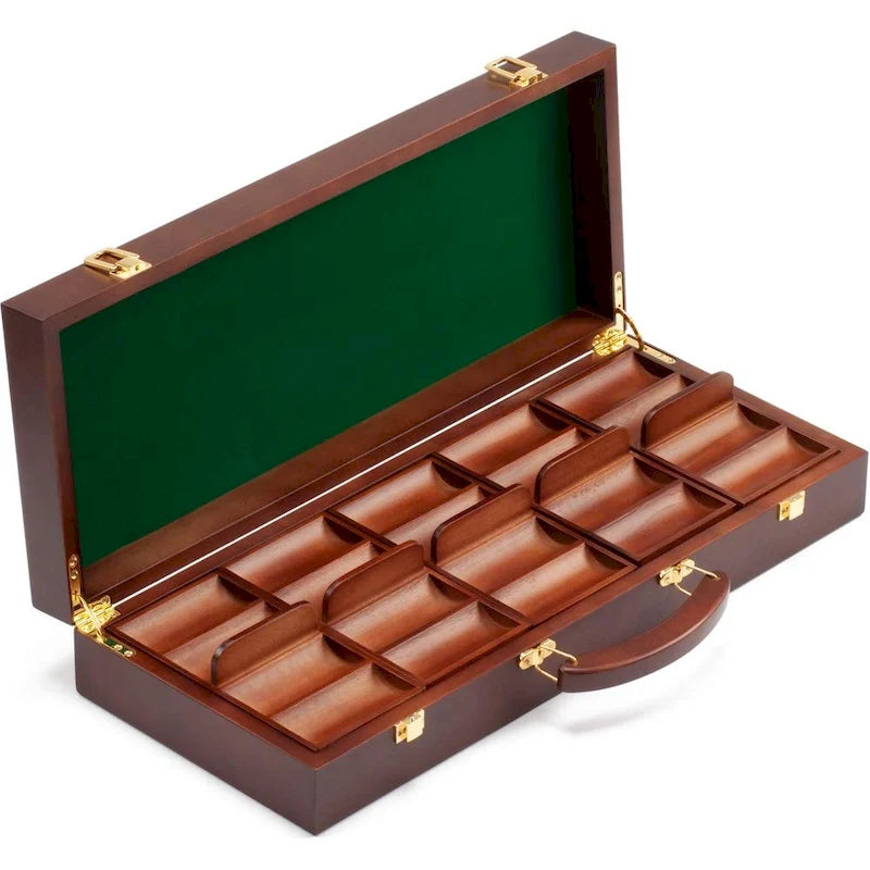 Mallette de 500 jetons de poker en bois massif avec intérieur en velours vert et loquets dorés