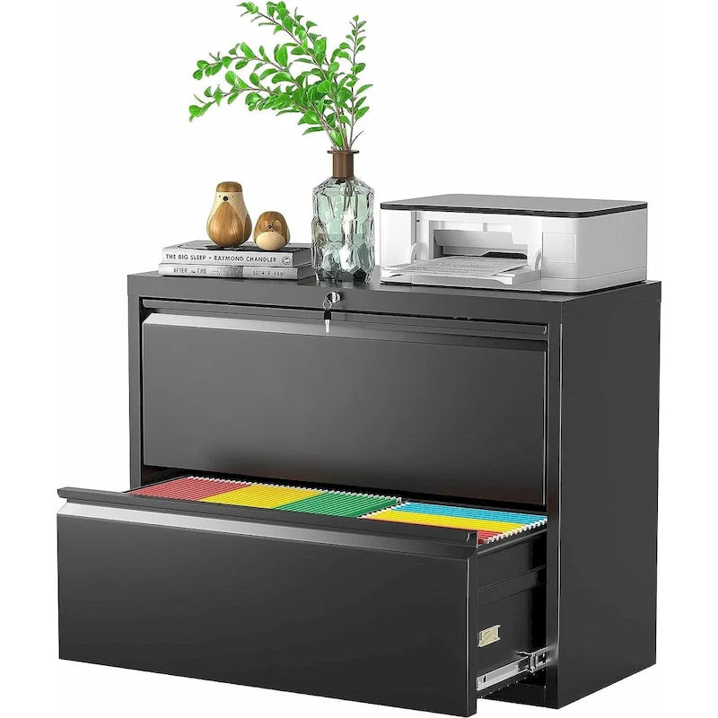 Classeur latéral à 2 tiroirs en acier laminé à froid avec serrure, noir