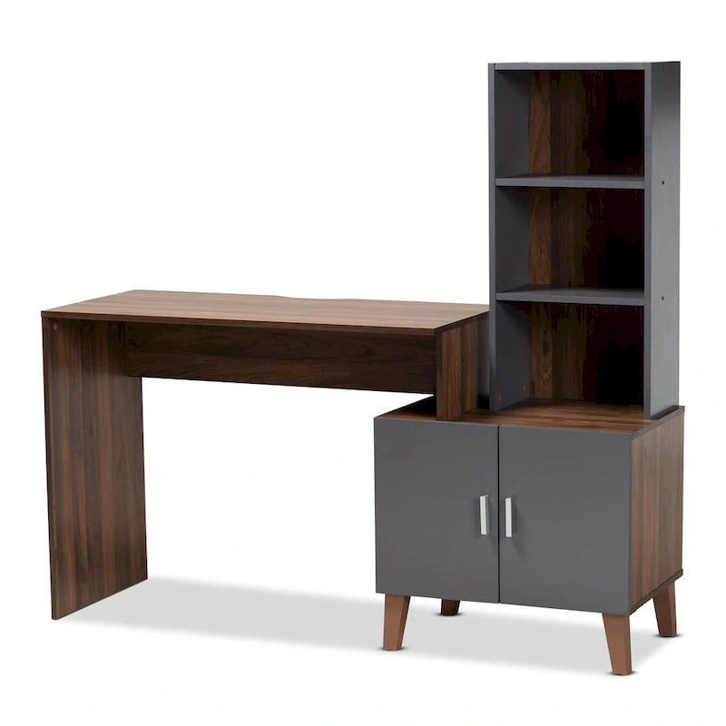 Bureau de rangement en bois gris foncé et noyer bicolore avec étagères ouvertes