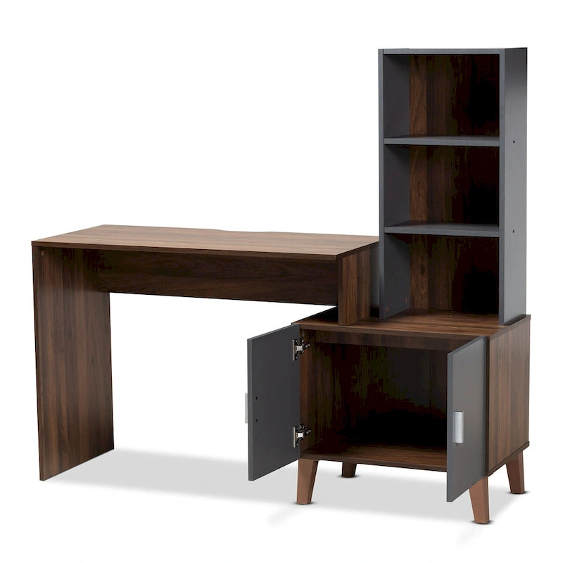 Bureau de rangement en bois gris foncé et noyer bicolore avec étagères ouvertes