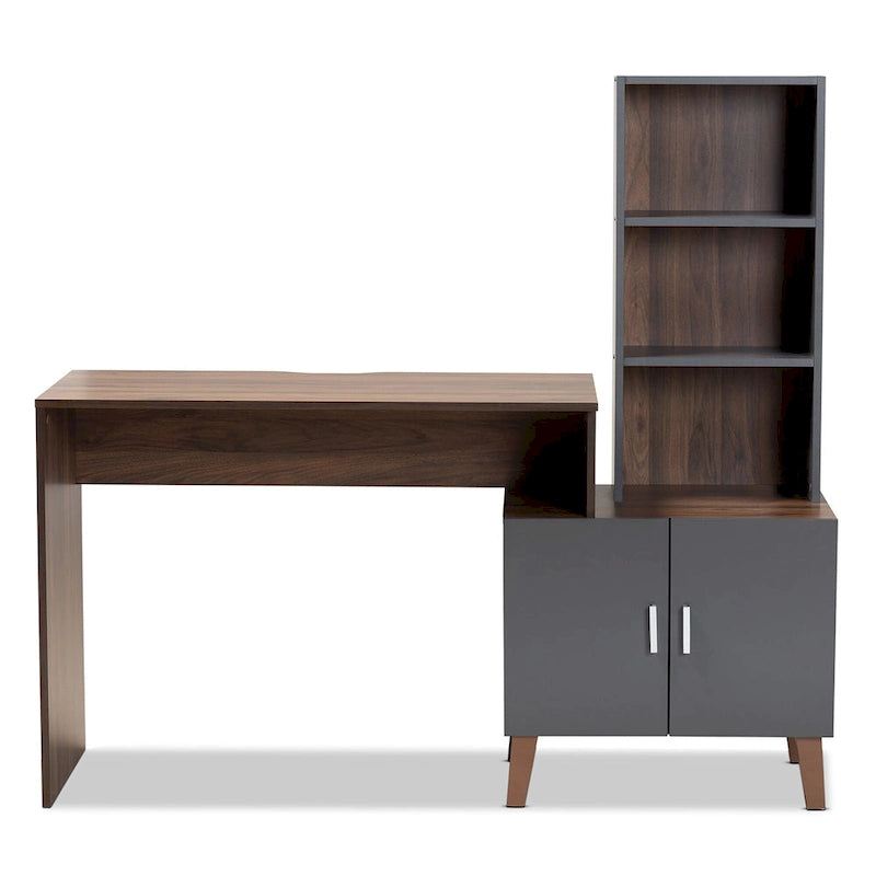 Bureau de rangement en bois gris foncé et noyer bicolore avec étagères ouvertes