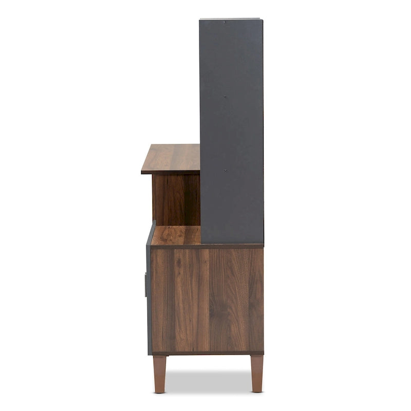 Bureau de rangement en bois gris foncé et noyer bicolore avec étagères ouvertes