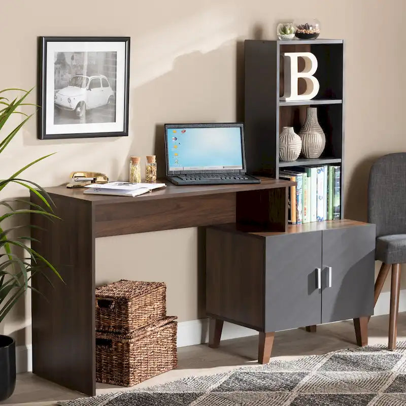 Bureau de rangement en bois gris foncé et noyer bicolore avec étagères ouvertes