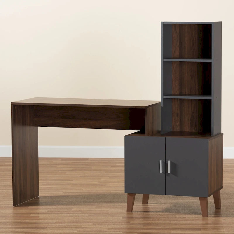 Bureau de rangement en bois gris foncé et noyer bicolore avec étagères ouvertes