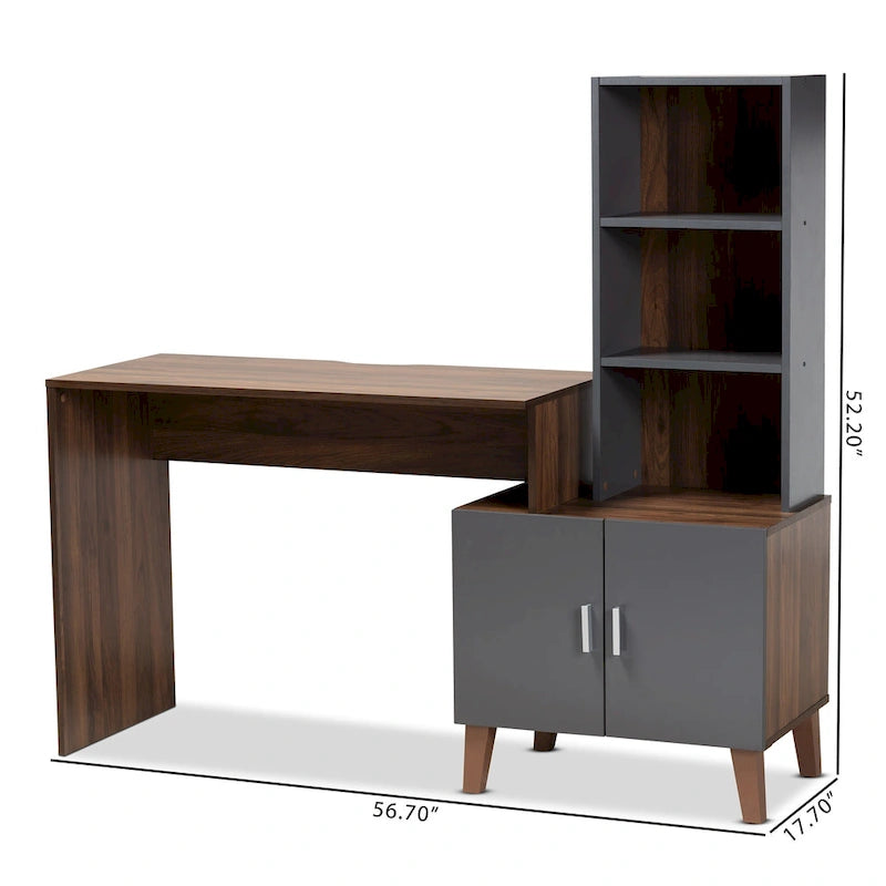 Bureau de rangement en bois gris foncé et noyer bicolore avec étagères ouvertes
