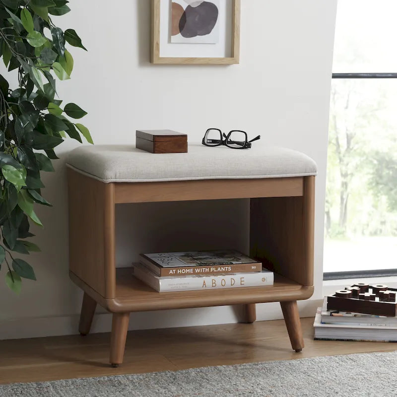 Banc rembourré avec étagère ouverte et pieds effilés en bois noir et naturel