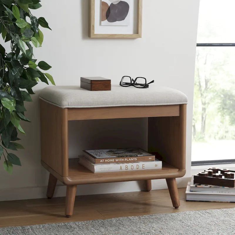 Banc rembourré avec étagère ouverte et pieds effilés en bois noir et naturel