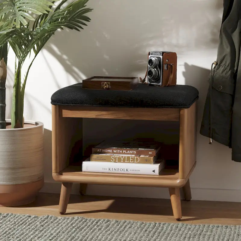 Banc rembourré avec étagère ouverte et pieds effilés en bois noir et naturel