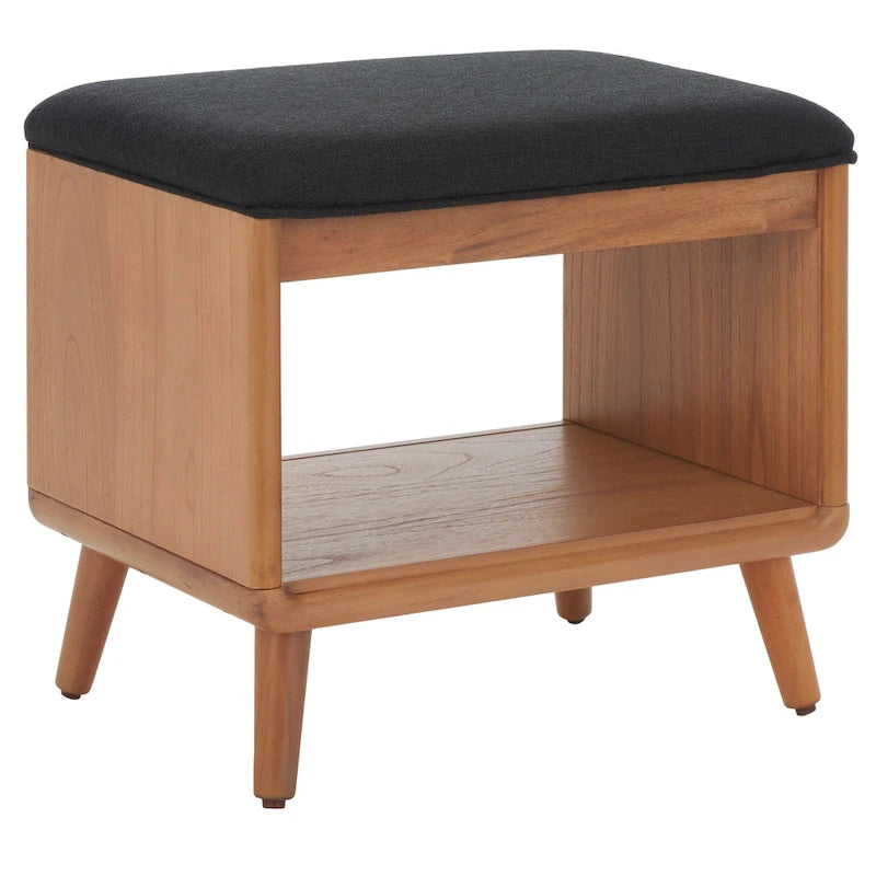 Banc rembourré avec étagère ouverte et pieds effilés en bois noir et naturel