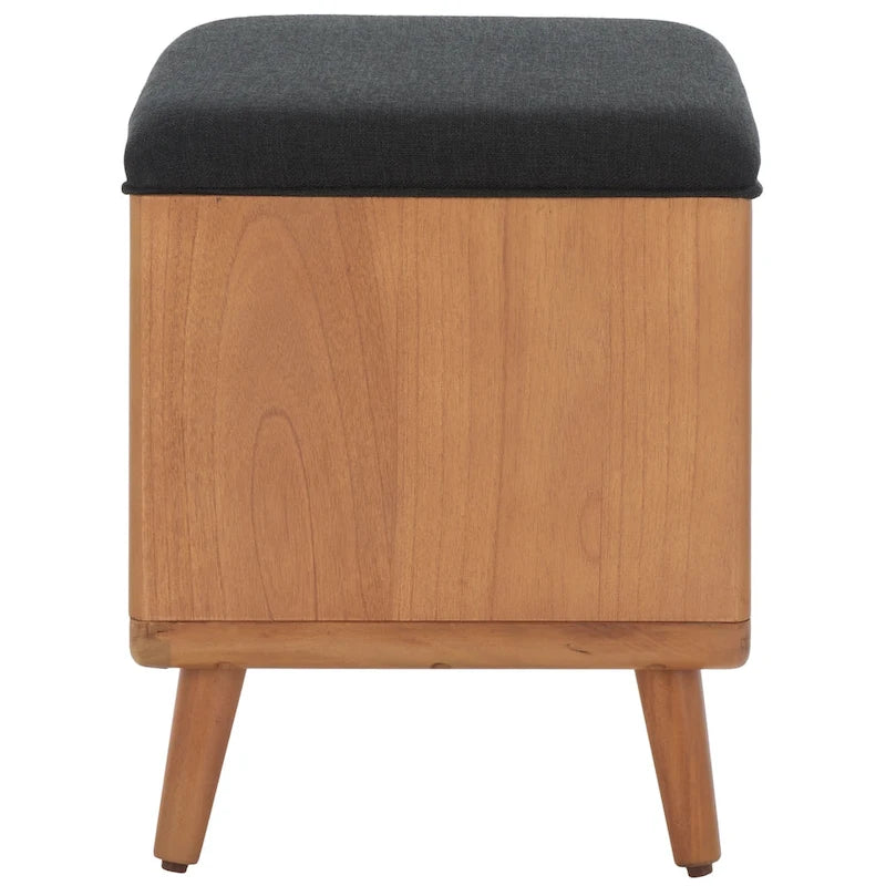 Banc rembourré avec étagère ouverte et pieds effilés en bois noir et naturel