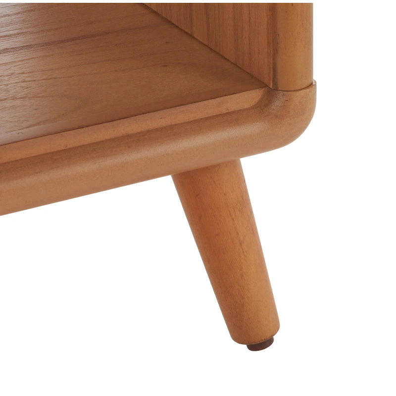 Banc rembourré avec étagère ouverte et pieds effilés en bois noir et naturel