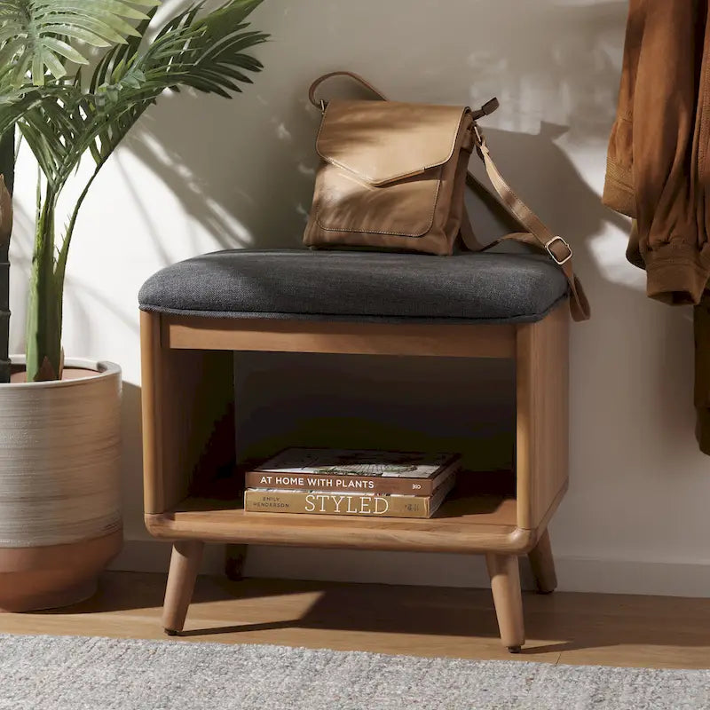 Banc rembourré avec étagère ouverte et pieds effilés en bois noir et naturel