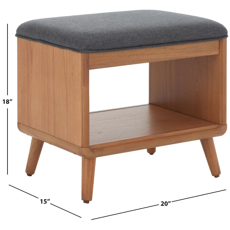 Banc rembourré avec étagère ouverte et pieds effilés en bois noir et naturel
