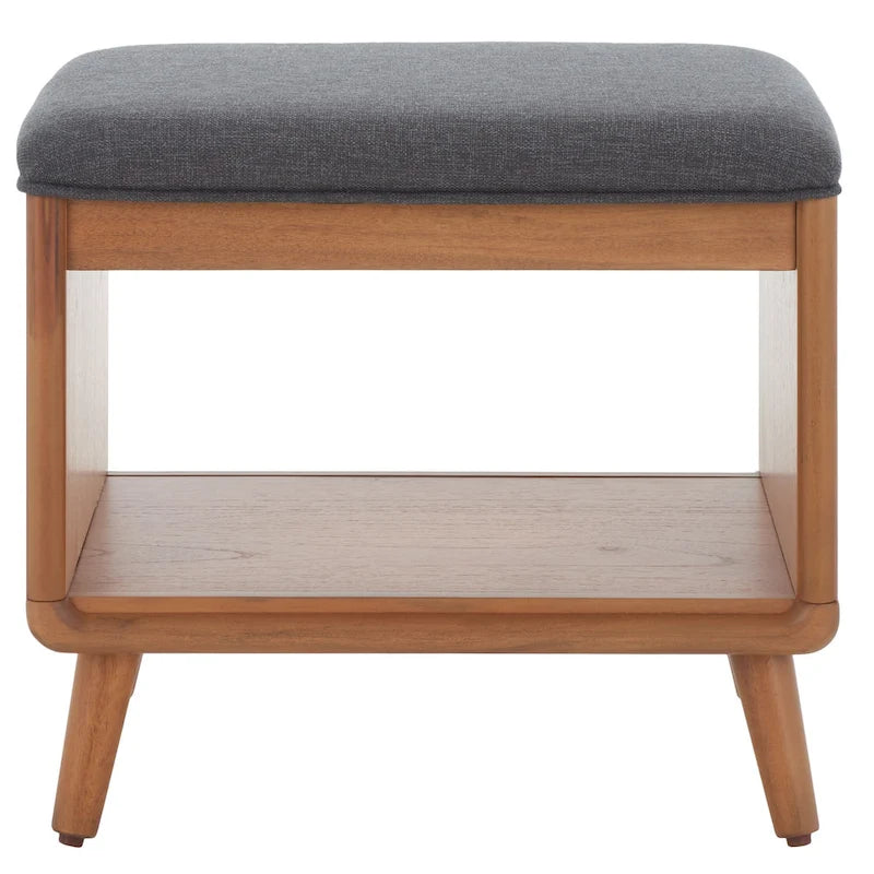 Banc rembourré avec étagère ouverte et pieds effilés en bois noir et naturel
