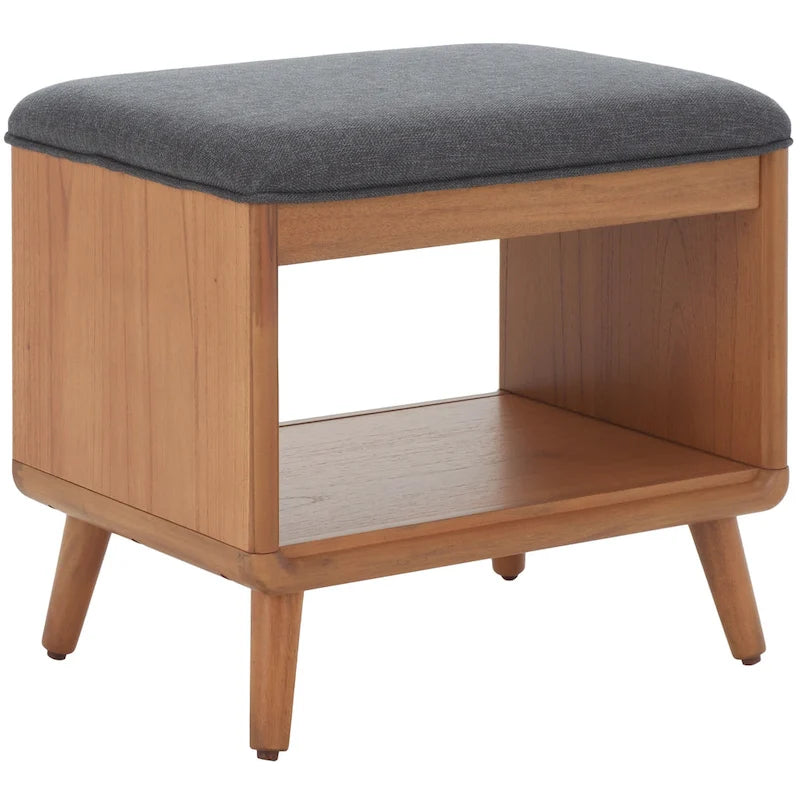 Banc rembourré avec étagère ouverte et pieds effilés en bois noir et naturel