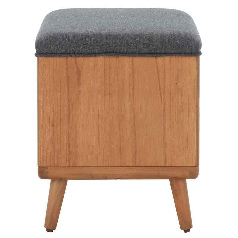 Banc rembourré avec étagère ouverte et pieds effilés en bois noir et naturel
