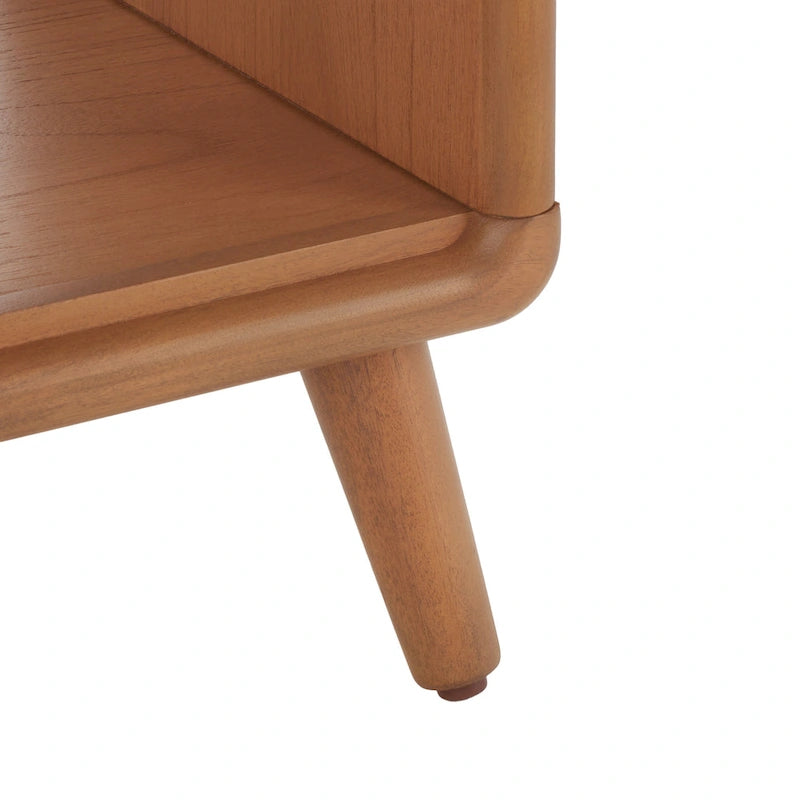 Banc rembourré avec étagère ouverte et pieds effilés en bois noir et naturel