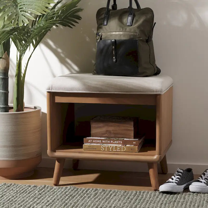 Banc rembourré avec étagère ouverte et pieds effilés en bois noir et naturel