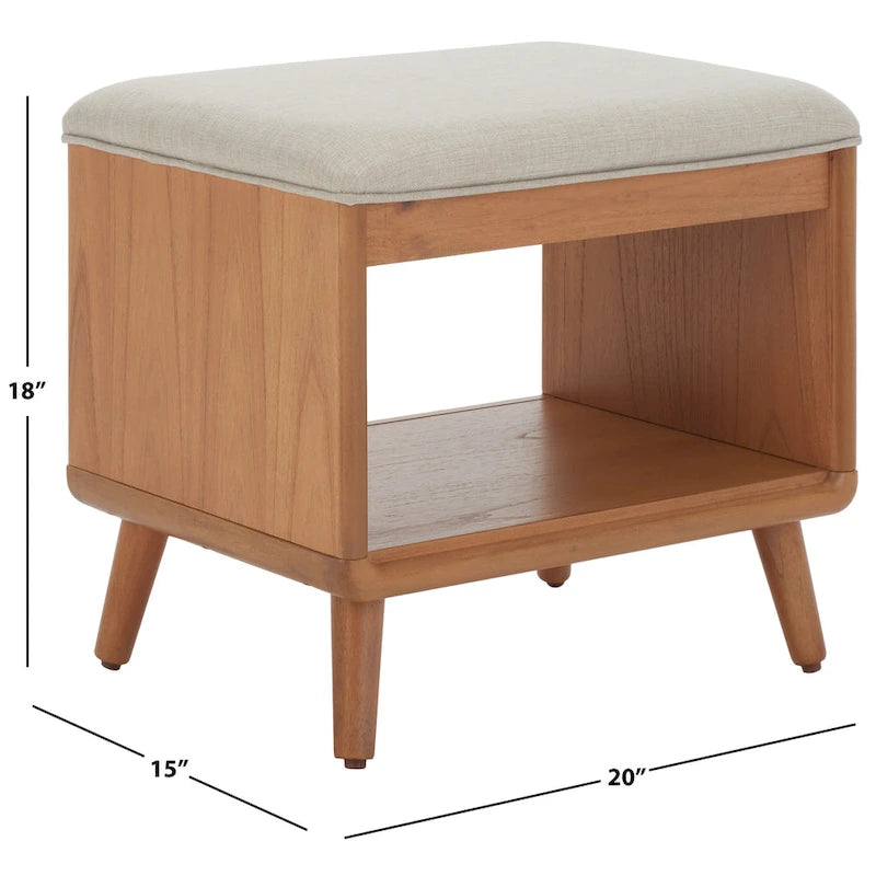 Banc rembourré avec étagère ouverte et pieds effilés en bois noir et naturel