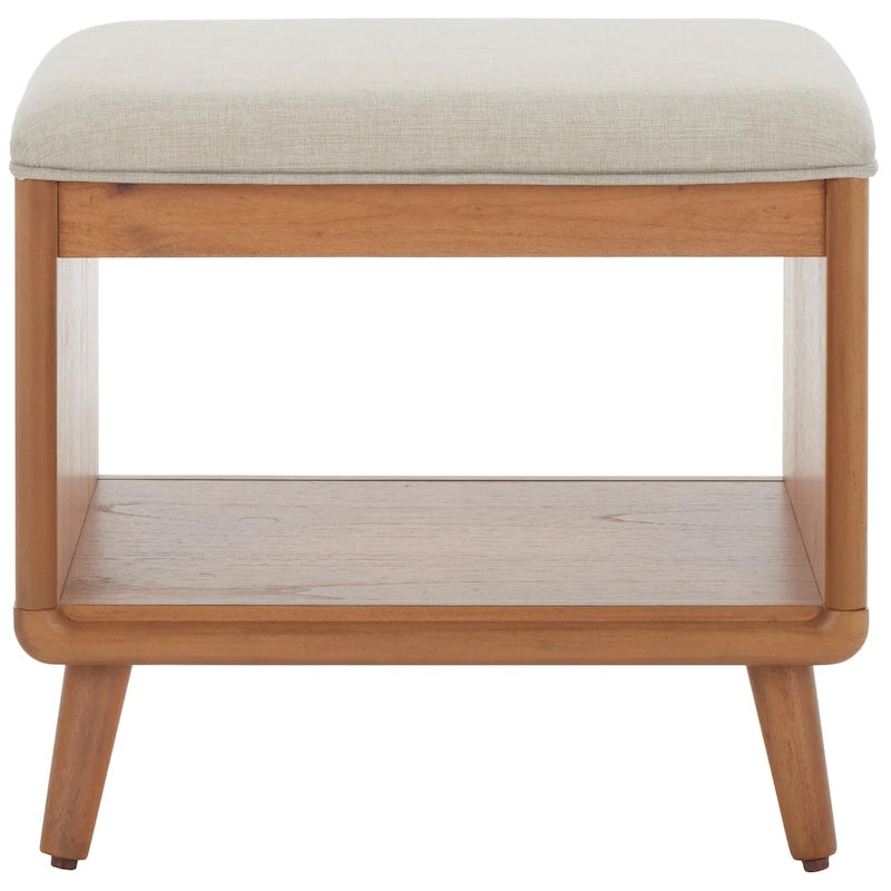 Banc rembourré avec étagère ouverte et pieds effilés en bois noir et naturel