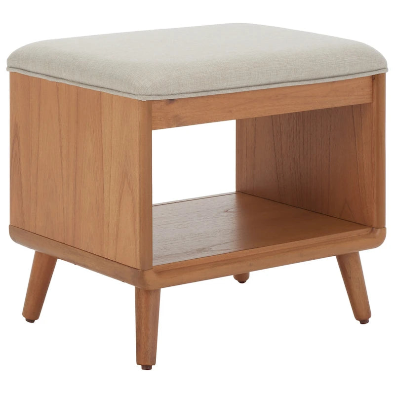 Banc rembourré avec étagère ouverte et pieds effilés en bois noir et naturel