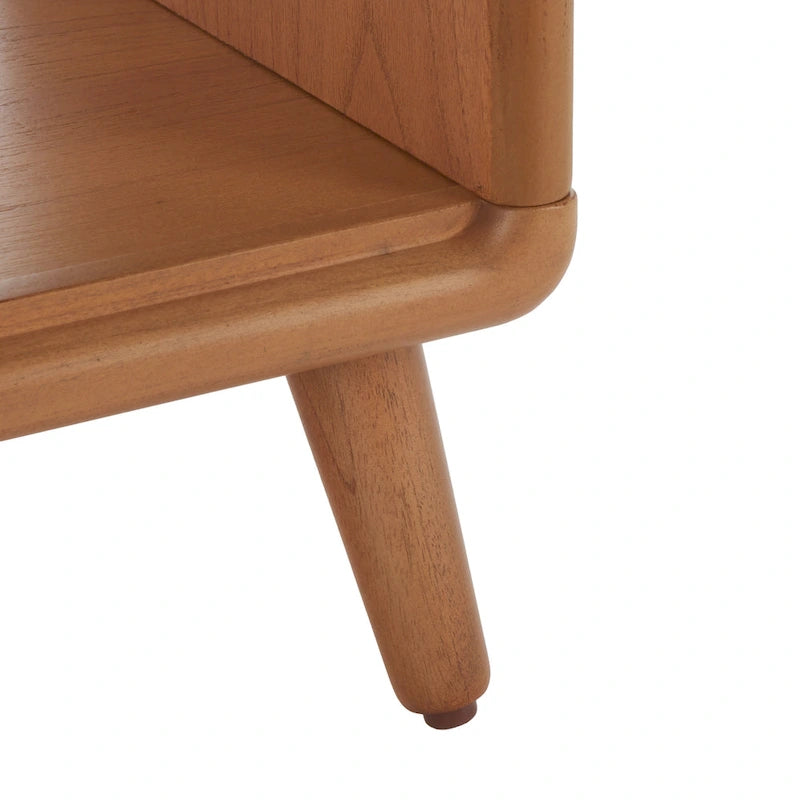 Banc rembourré avec étagère ouverte et pieds effilés en bois noir et naturel