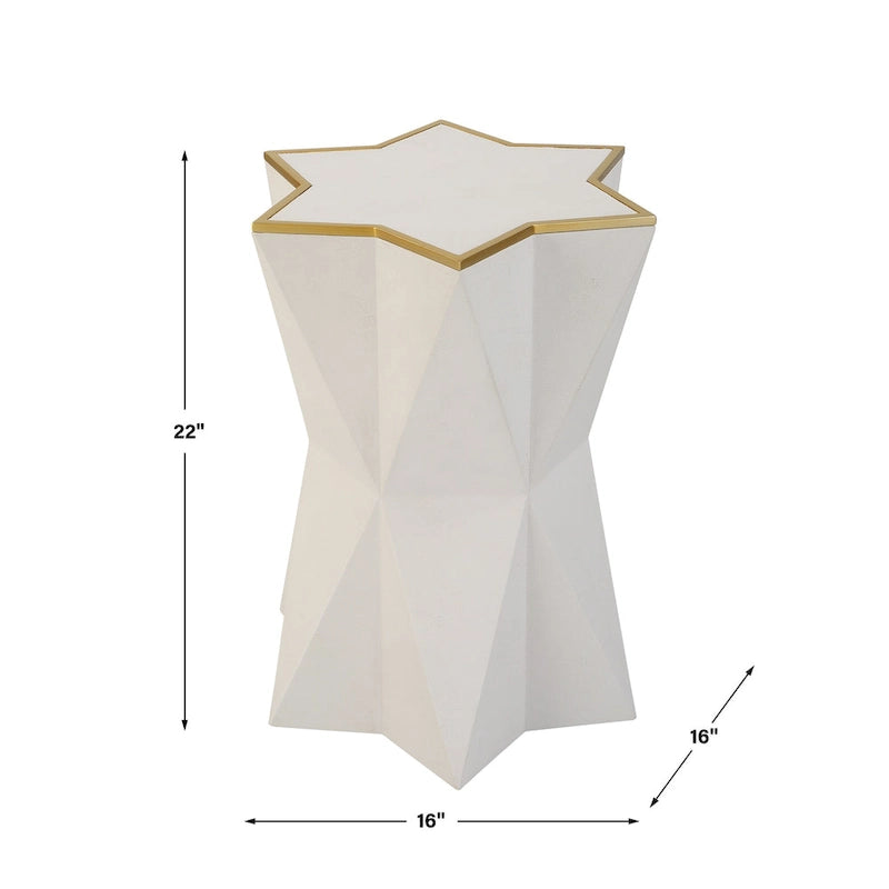 Table d'appoint en similicuir grainé blanc en forme d'étoile avec bordure en feuille d'or