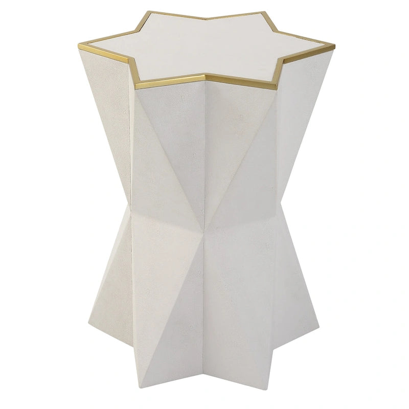 Table d'appoint en similicuir grainé blanc en forme d'étoile avec bordure en feuille d'or