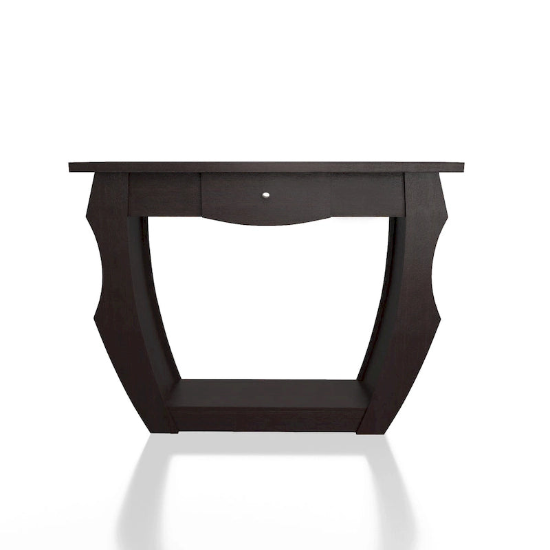 Console en noyer foncé avec tiroir, rangement latéral et étagère ouverte