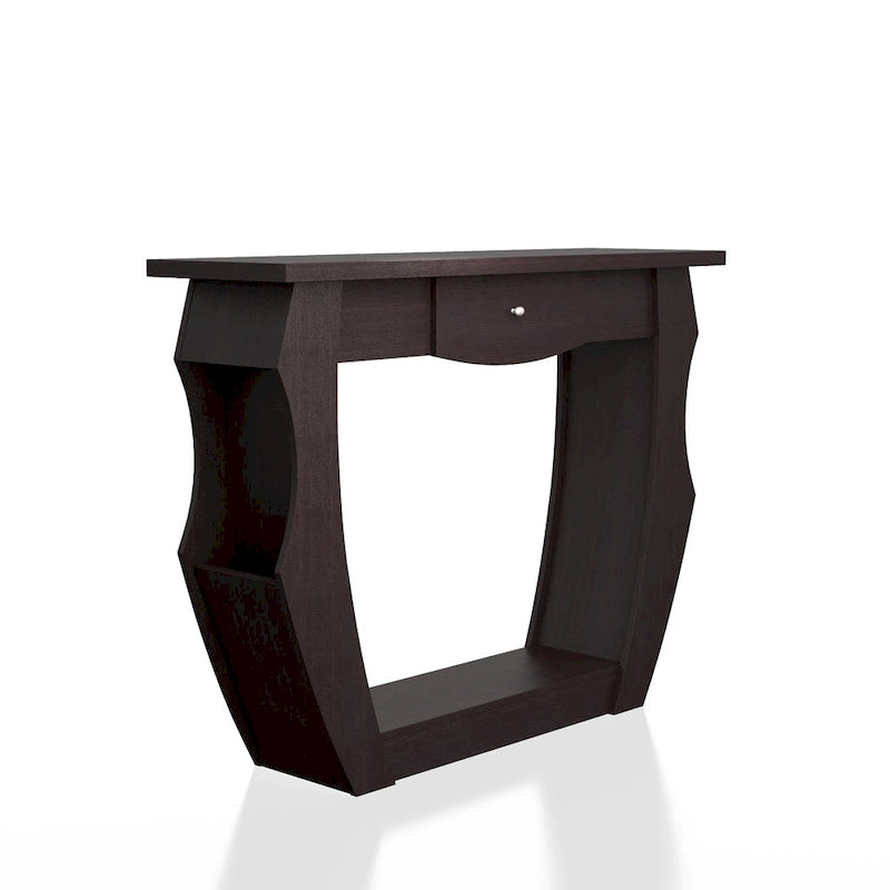 Console en noyer foncé avec tiroir, rangement latéral et étagère ouverte
